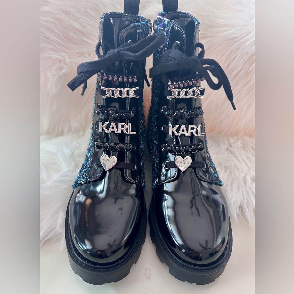 Karl Lagerfeld COMBAT STYLE Jeweled BOOTS! NEW size 10! Zip sides patten black - Picture 3 of 10